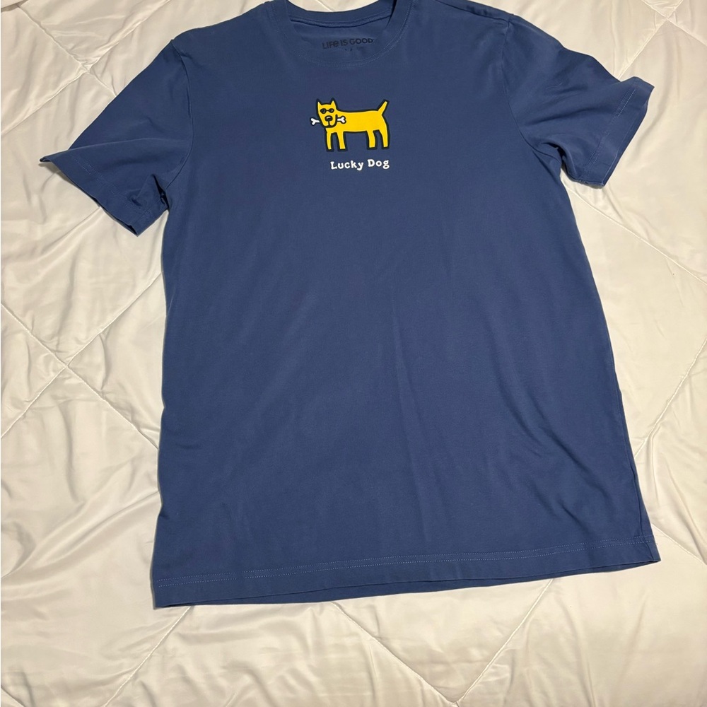 Life Is Good Blue T-Shirt with Yellow Dog. Size M
